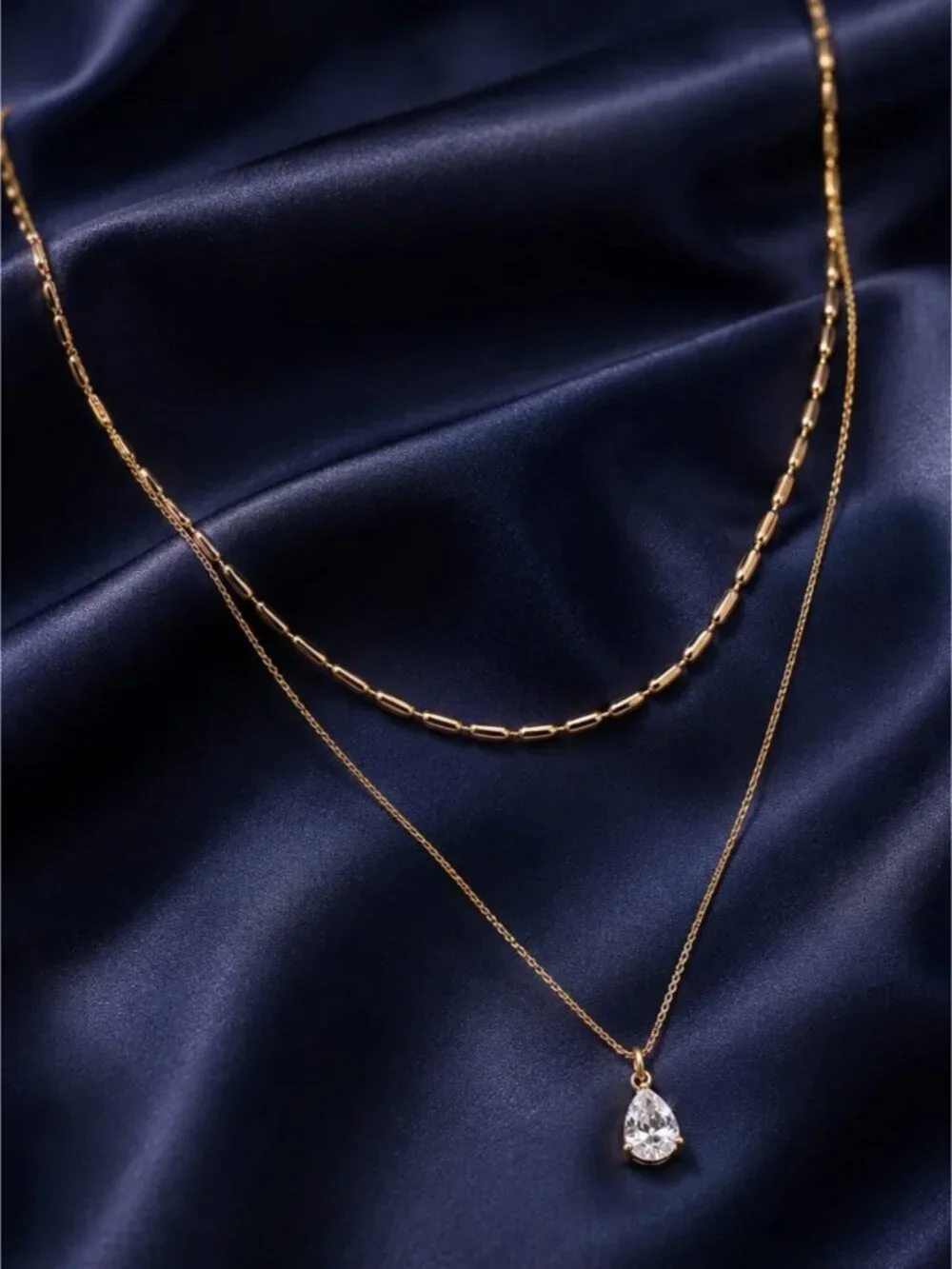 Stainless Steel Gold Tone  Layered Teardrop Pendant Necklace